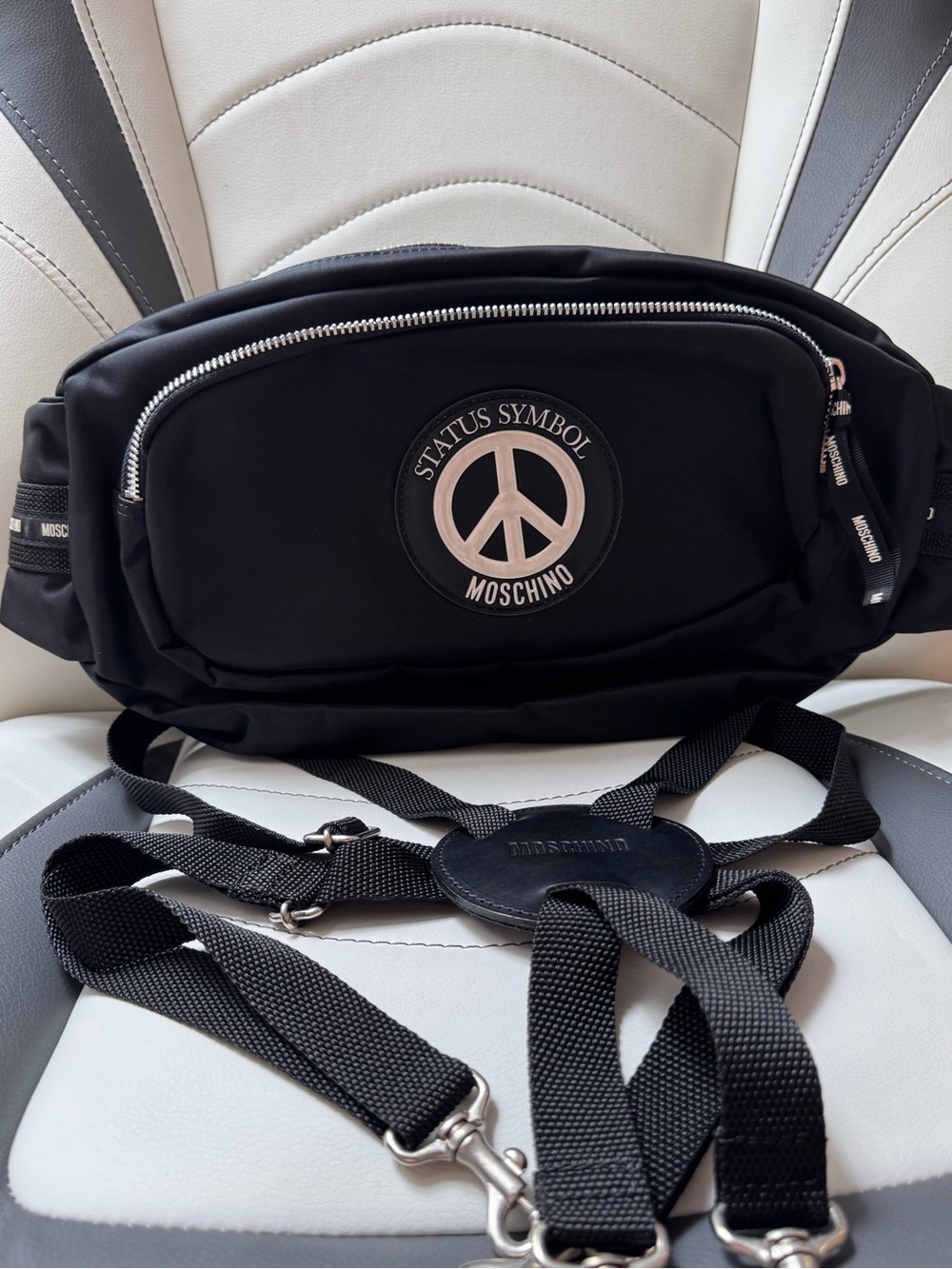 Moschino Black 'Status Symbol' Belt Bag with Peace Logo